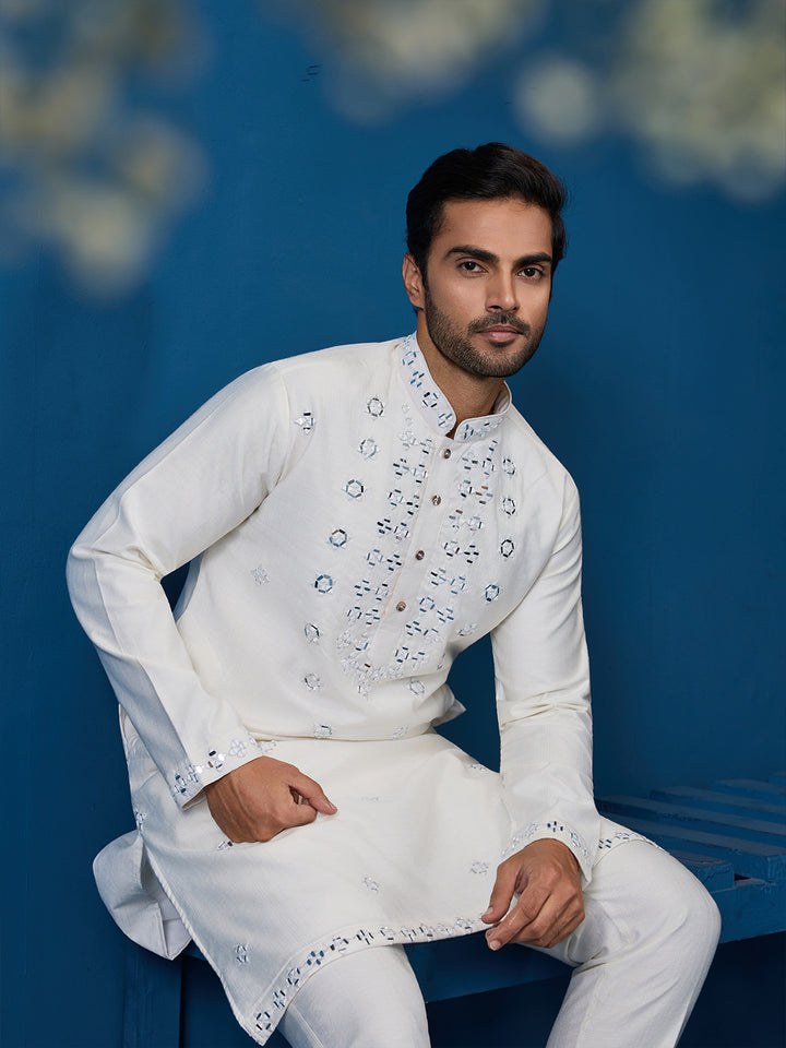 White Viscose Silk Kurta Set for Men with Thread and Mirror Work – Perfect for Festive & Wedding Occasions