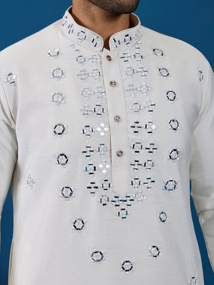 White Viscose Silk Kurta Set for Men with Thread and Mirror Work – Perfect for Festive & Wedding Occasions