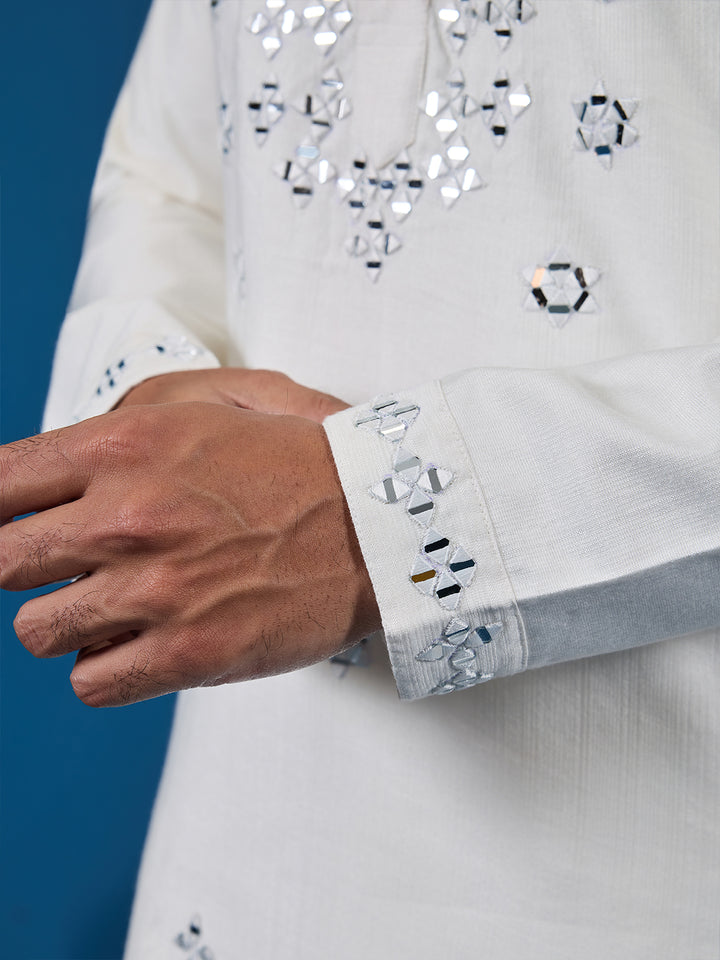 White Viscose Silk Kurta Set for Men with Thread and Mirror Work – Perfect for Festive & Wedding Occasions