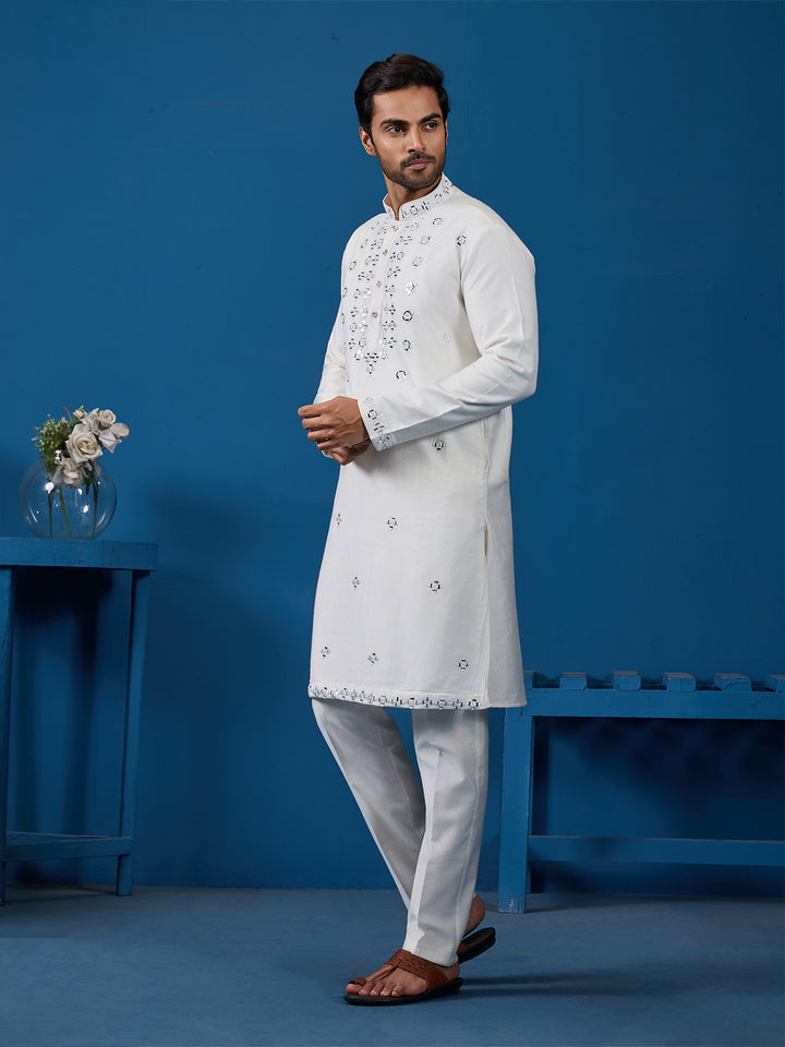 White Viscose Silk Kurta Set for Men with Thread and Mirror Work – Perfect for Festive & Wedding Occasions