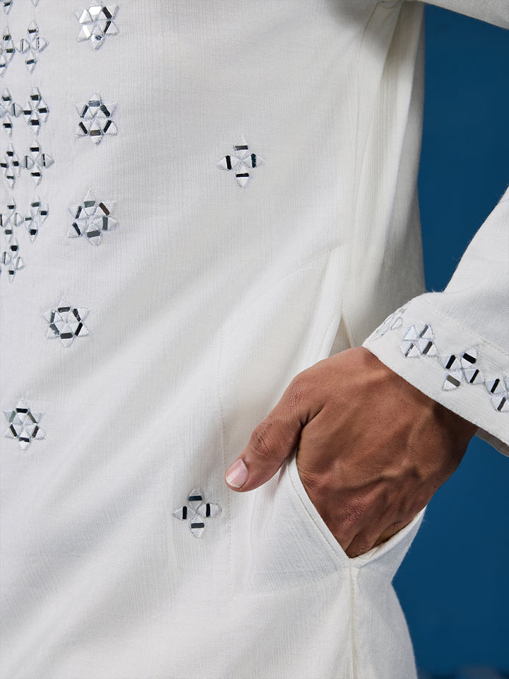 White Viscose Silk Kurta Set for Men with Thread and Mirror Work – Perfect for Festive & Wedding Occasions