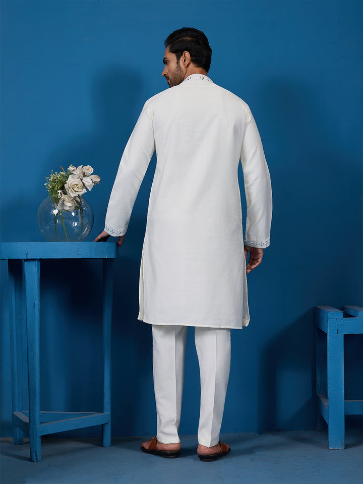 White Viscose Silk Kurta Set for Men with Thread and Mirror Work – Perfect for Festive & Wedding Occasions