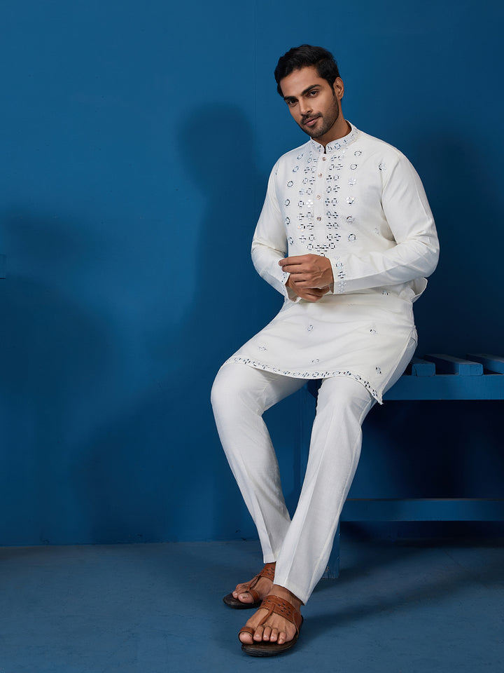 White Viscose Silk Kurta Set for Men with Thread and Mirror Work – Perfect for Festive & Wedding Occasions