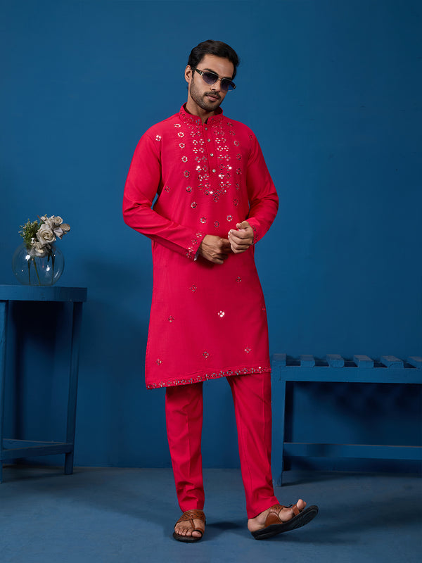 Thread & Mirror Work Rani Pink Viscose Silk Kurta Set for Men