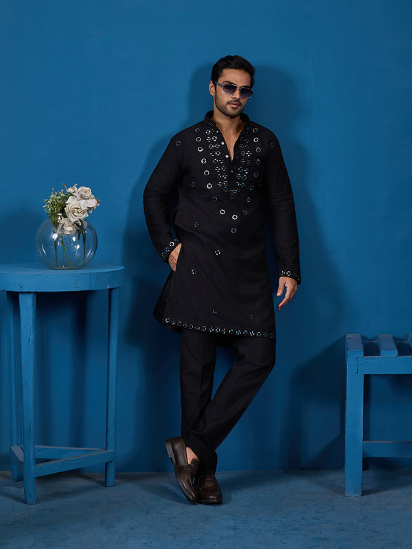 men’s black viscose silk kurta set with thread & mirror work