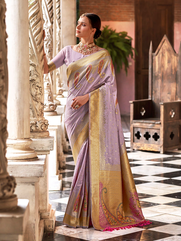 Light Lavender Silk Saree with Designer Weaving Work For Festival Wear