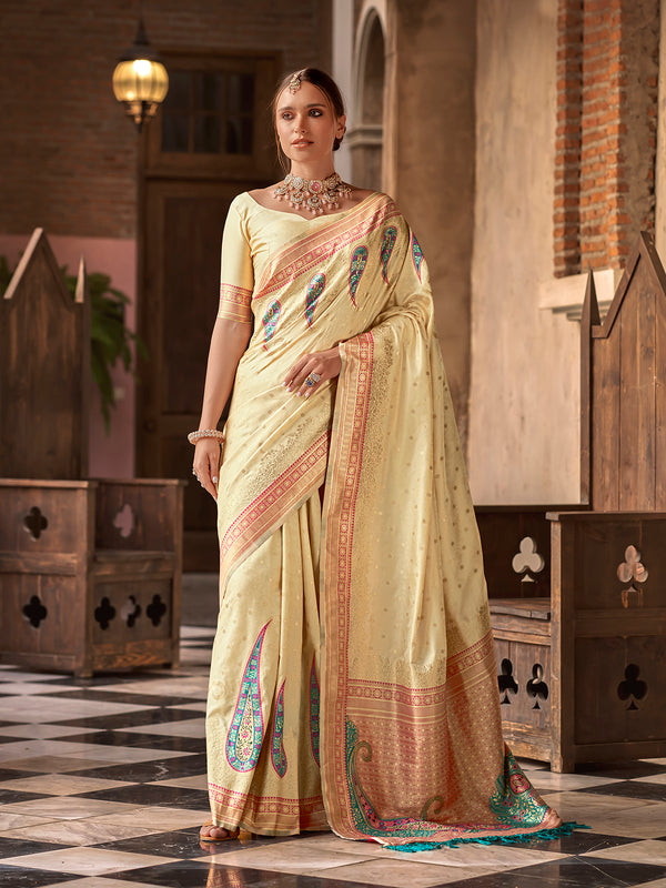 Cream Silk Saree with Designer Weaving Work For Festival Wear