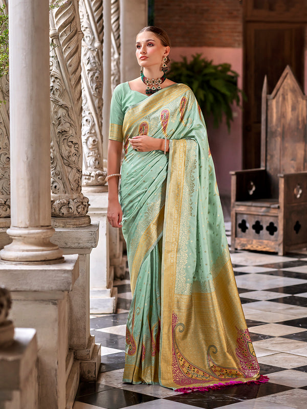 Pista Green Silk Saree with Designer Weaving Work For Festival Wear