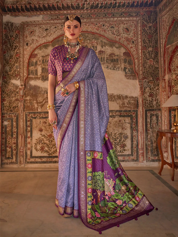 Lavender Designer Silk Saree with Rajwadi Print For Festival And Weeding Wear