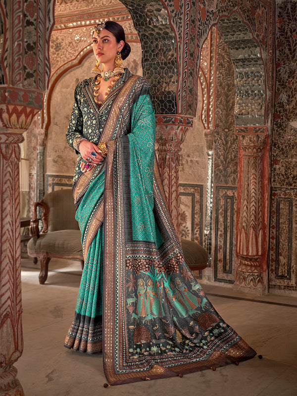 Aqua Green Designer Silk Saree with Rajwadi Print For Festival And Weeding Wear