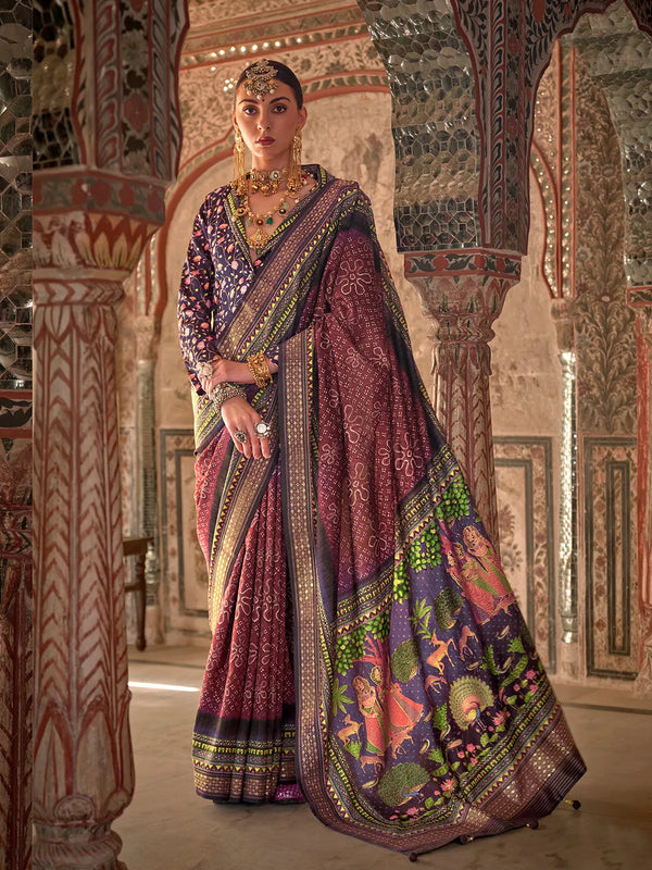 Wine Designer Silk Saree with Rajwadi Print For Festival And Weeding Wear