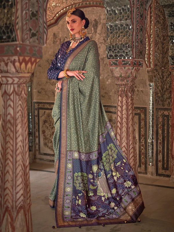 Pista Green Designer Silk Saree with Rajwadi Print For Festival And Weeding Wear