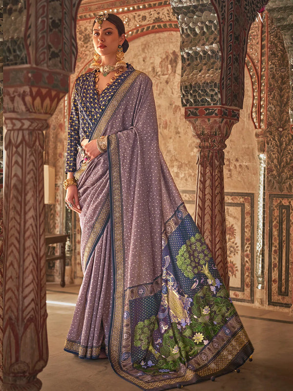 Light Purple Designer Silk Saree with Rajwadi Print For Festival And Weeding Wear