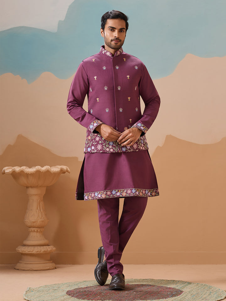 Dusty Viscose Silk Kurta Koti Set for Men | Multi-Thread Sequence Embroidered Work | Elegant Men’s Occasion Wear