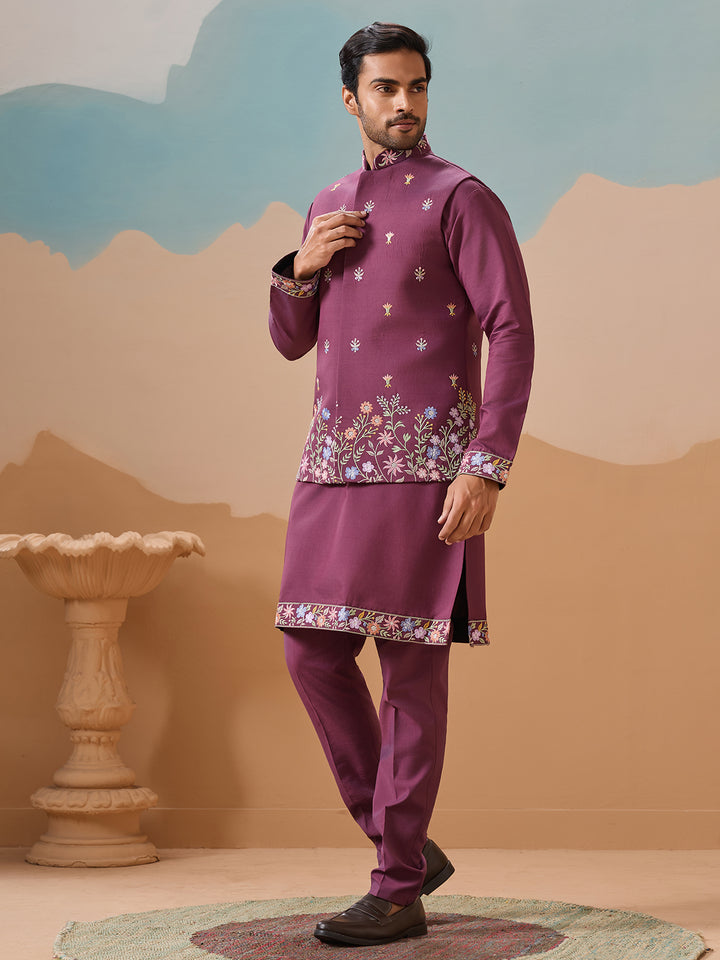 Dusty Viscose Silk Kurta Koti Set for Men | Multi-Thread Sequence Embroidered Work | Elegant Men’s Occasion Wear
