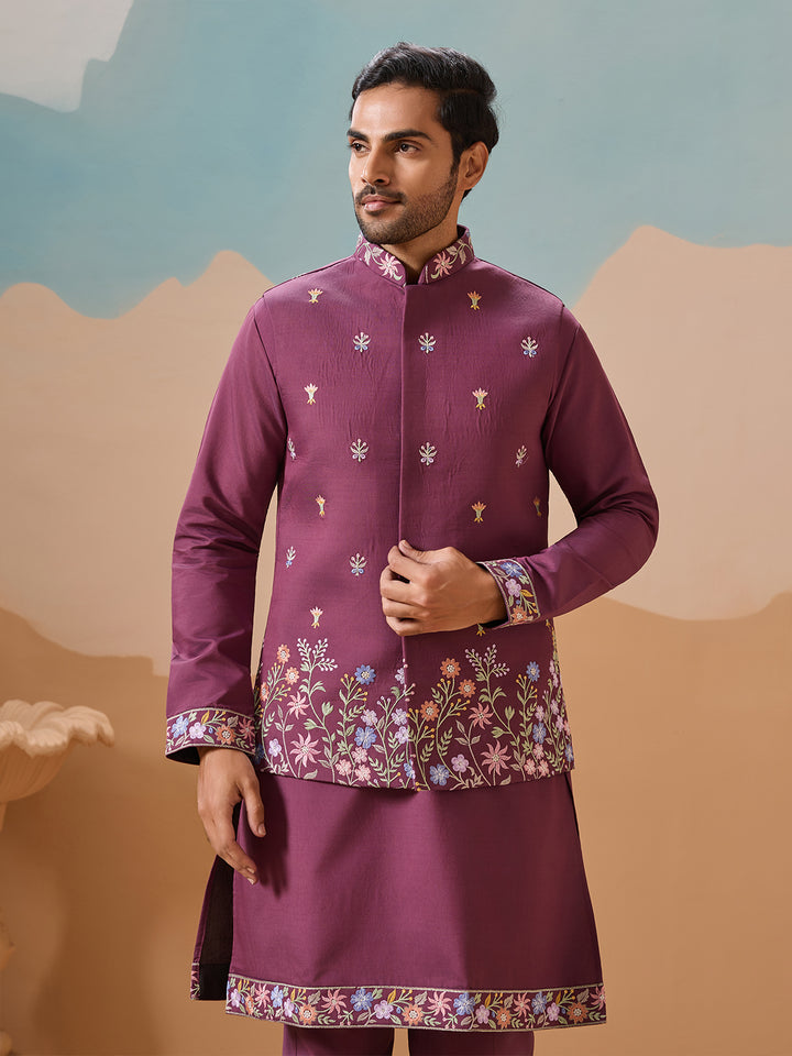 Dusty Viscose Silk Kurta Koti Set for Men | Multi-Thread Sequence Embroidered Work | Elegant Men’s Occasion Wear