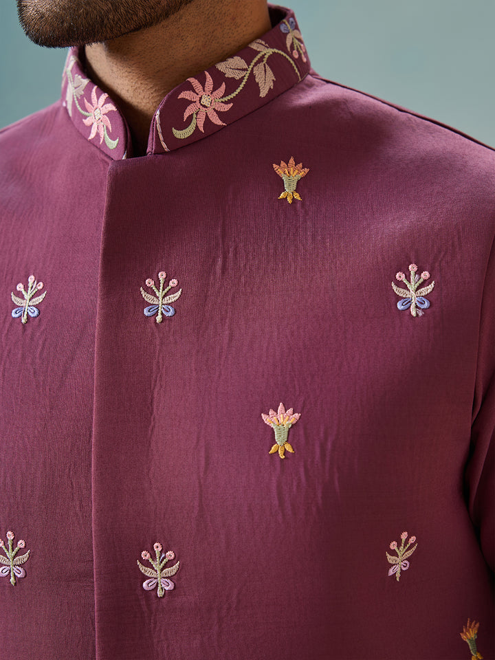 Dusty Viscose Silk Kurta Koti Set for Men | Multi-Thread Sequence Embroidered Work | Elegant Men’s Occasion Wear
