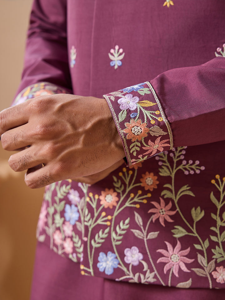 Dusty Viscose Silk Kurta Koti Set for Men | Multi-Thread Sequence Embroidered Work | Elegant Men’s Occasion Wear