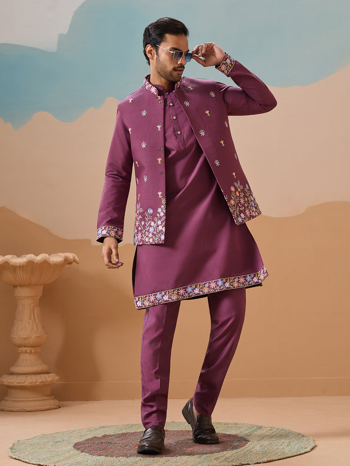 Dusty Viscose Silk Kurta Koti Set for Men | Multi-Thread Sequence Embroidered Work | Elegant Men’s Occasion Wear
