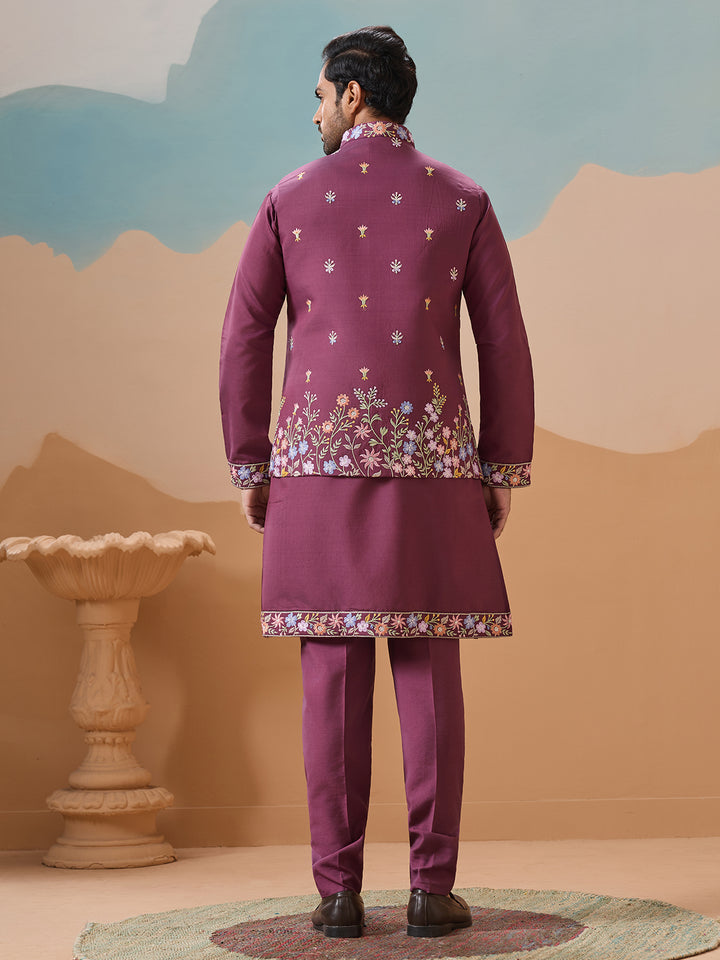 Dusty Viscose Silk Kurta Koti Set for Men | Multi-Thread Sequence Embroidered Work | Elegant Men’s Occasion Wear