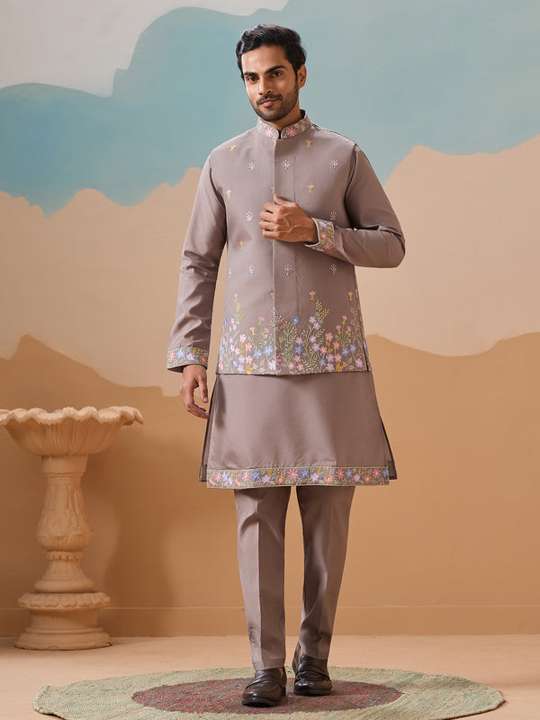Men's Grey Viscose Silk Kurta-Koti Set with Multi-Thread Sequin Embroidery – Premium Occasion Wear