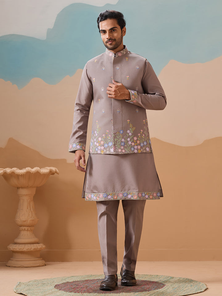 Men's Grey Viscose Silk Kurta-Koti Set with Multi-Thread Sequin Embroidery – Premium Occasion Wear