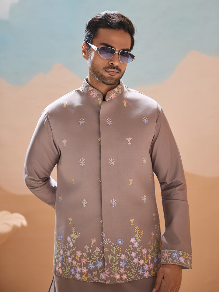 Men's Grey Viscose Silk Kurta-Koti Set with Multi-Thread Sequin Embroidery – Premium Occasion Wear