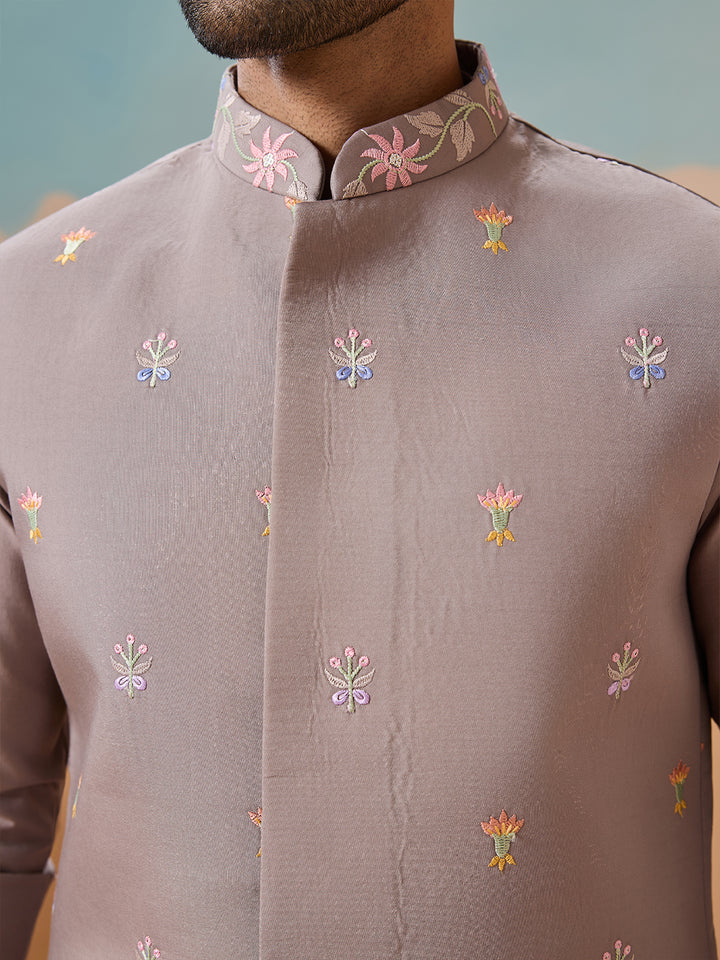 Men's Grey Viscose Silk Kurta-Koti Set with Multi-Thread Sequin Embroidery – Premium Occasion Wear