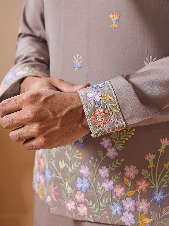 Men's Grey Viscose Silk Kurta-Koti Set with Multi-Thread Sequin Embroidery – Premium Occasion Wear