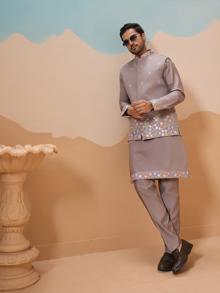 Men's Grey Viscose Silk Kurta-Koti Set with Multi-Thread Sequin Embroidery – Premium Occasion Wear