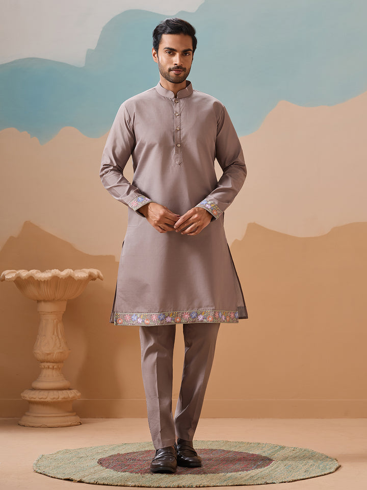 Men's Grey Viscose Silk Kurta-Koti Set with Multi-Thread Sequin Embroidery – Premium Occasion Wear