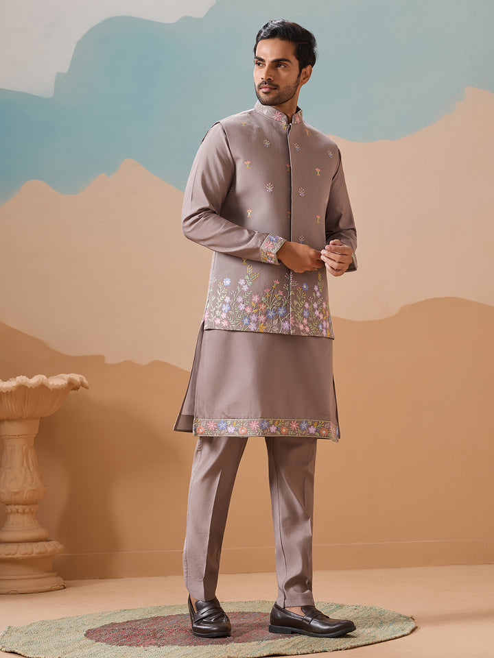 Men's Grey Viscose Silk Kurta-Koti Set with Multi-Thread Sequin Embroidery – Premium Occasion Wear