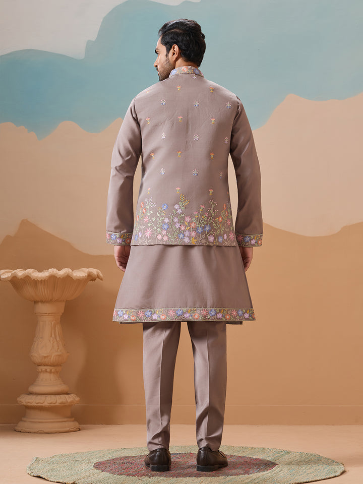 Men's Grey Viscose Silk Kurta-Koti Set with Multi-Thread Sequin Embroidery – Premium Occasion Wear