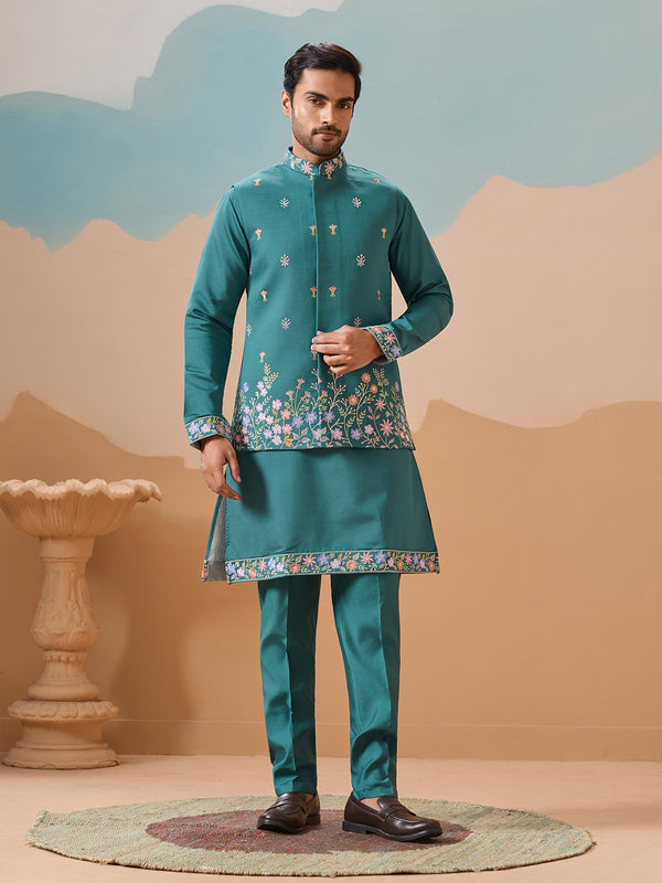 Men's Rama Green Kurta-Koti Set in Viscose Silk with Multi-Thread Sequined Embroidery – Perfect for Occasions