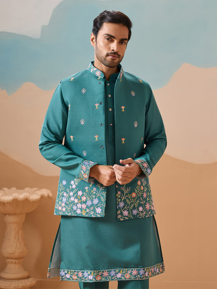 Men's Rama Green Kurta-Koti Set in Viscose Silk with Multi-Thread Sequined Embroidery – Perfect for Occasions