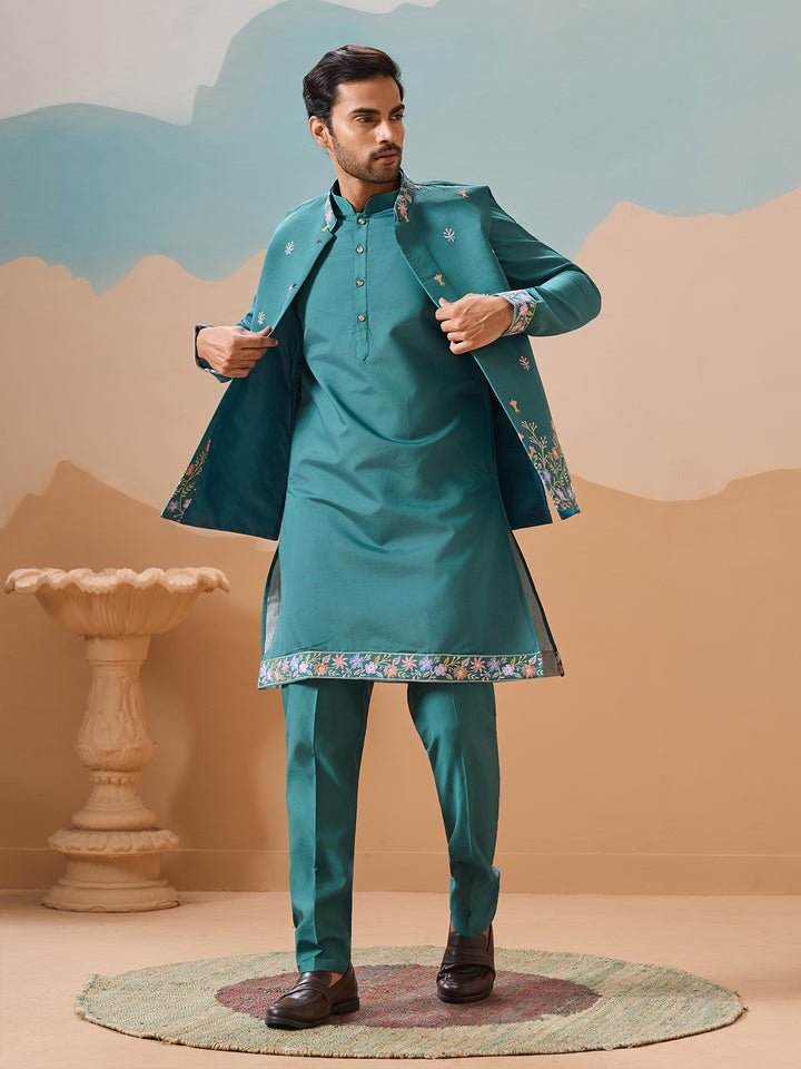 Men's Rama Green Kurta-Koti Set in Viscose Silk with Multi-Thread Sequined Embroidery – Perfect for Occasions