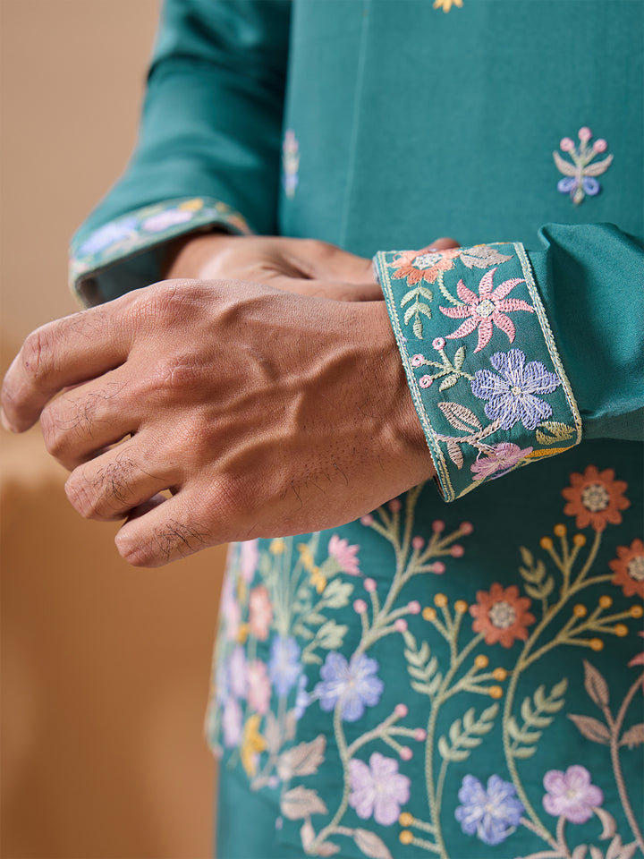 Men's Rama Green Kurta-Koti Set in Viscose Silk with Multi-Thread Sequined Embroidery – Perfect for Occasions