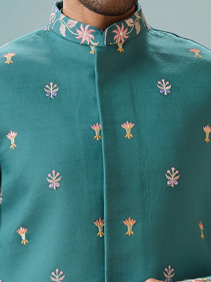 Men's Rama Green Kurta-Koti Set in Viscose Silk with Multi-Thread Sequined Embroidery – Perfect for Occasions
