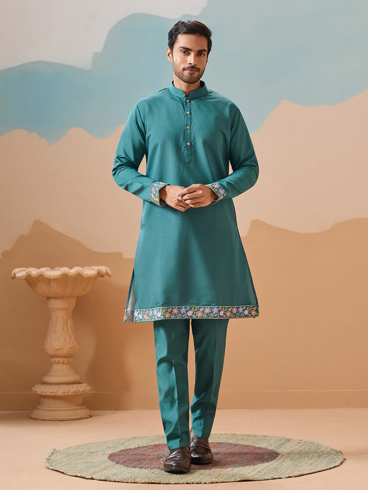Men's Rama Green Kurta-Koti Set in Viscose Silk with Multi-Thread Sequined Embroidery – Perfect for Occasions