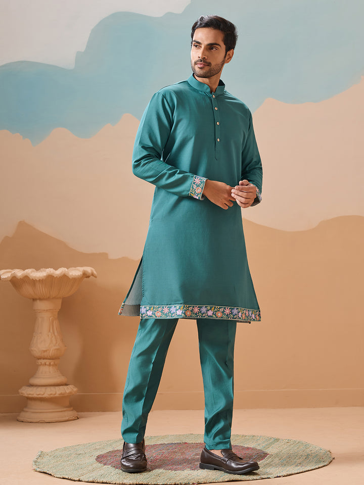 Men's Rama Green Kurta-Koti Set in Viscose Silk with Multi-Thread Sequined Embroidery – Perfect for Occasions