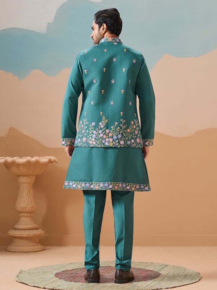 Men's Rama Green Kurta-Koti Set in Viscose Silk with Multi-Thread Sequined Embroidery – Perfect for Occasions