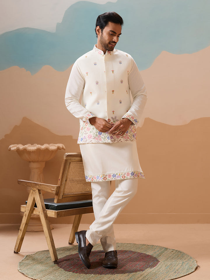 Men's White Kurta-Koti Set in Viscose Silk with Multi-Thread & Sequence Embroidery – Premium Ethnic Wear for Weddings & Festivals