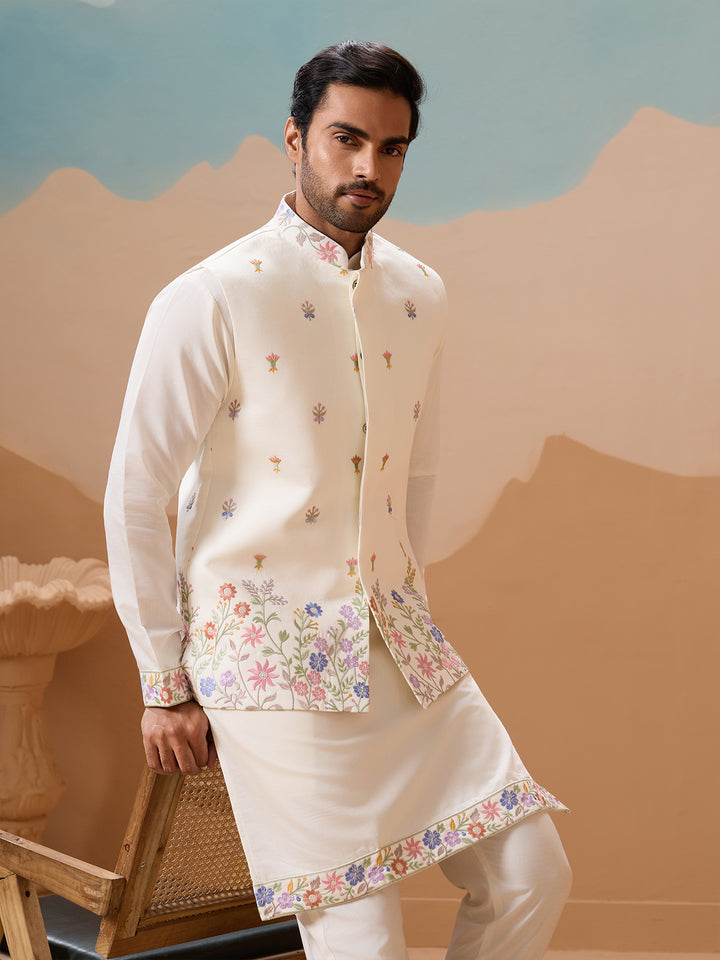 Men's White Kurta-Koti Set in Viscose Silk with Multi-Thread & Sequence Embroidery – Premium Ethnic Wear for Weddings & Festivals