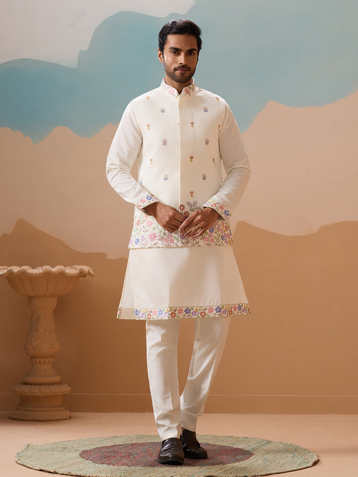 Men's White Kurta-Koti Set in Viscose Silk with Multi-Thread & Sequence Embroidery – Premium Ethnic Wear for Weddings & Festivals