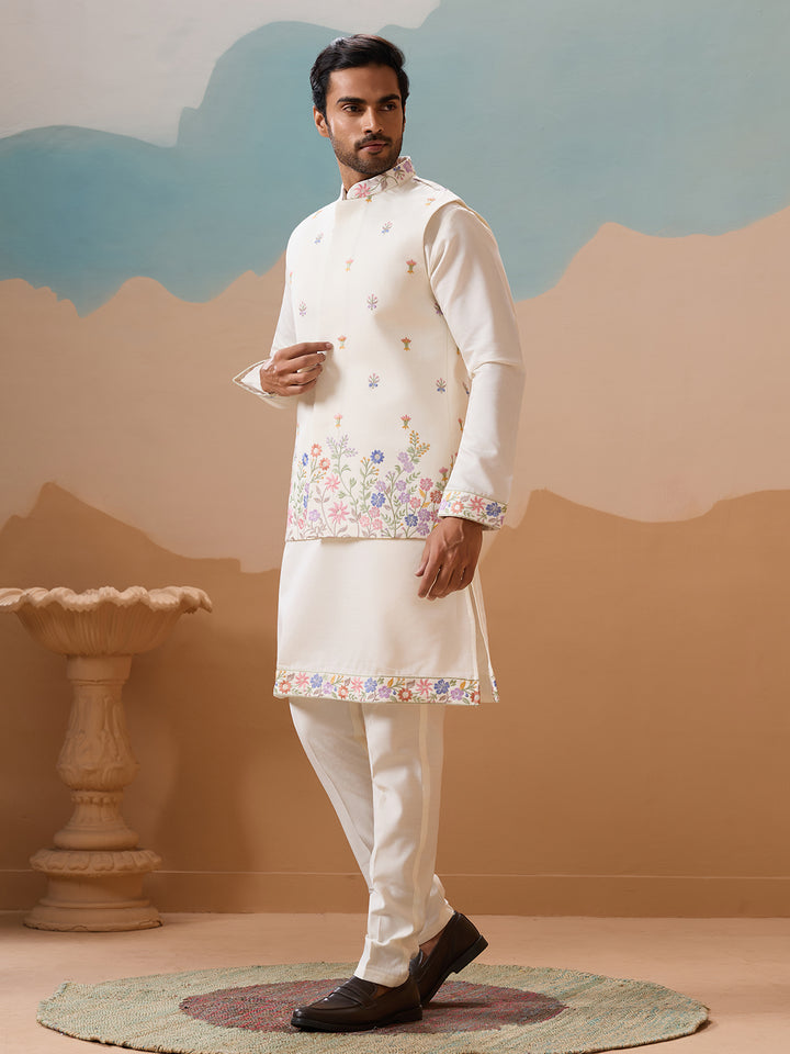 Men's White Kurta-Koti Set in Viscose Silk with Multi-Thread & Sequence Embroidery – Premium Ethnic Wear for Weddings & Festivals