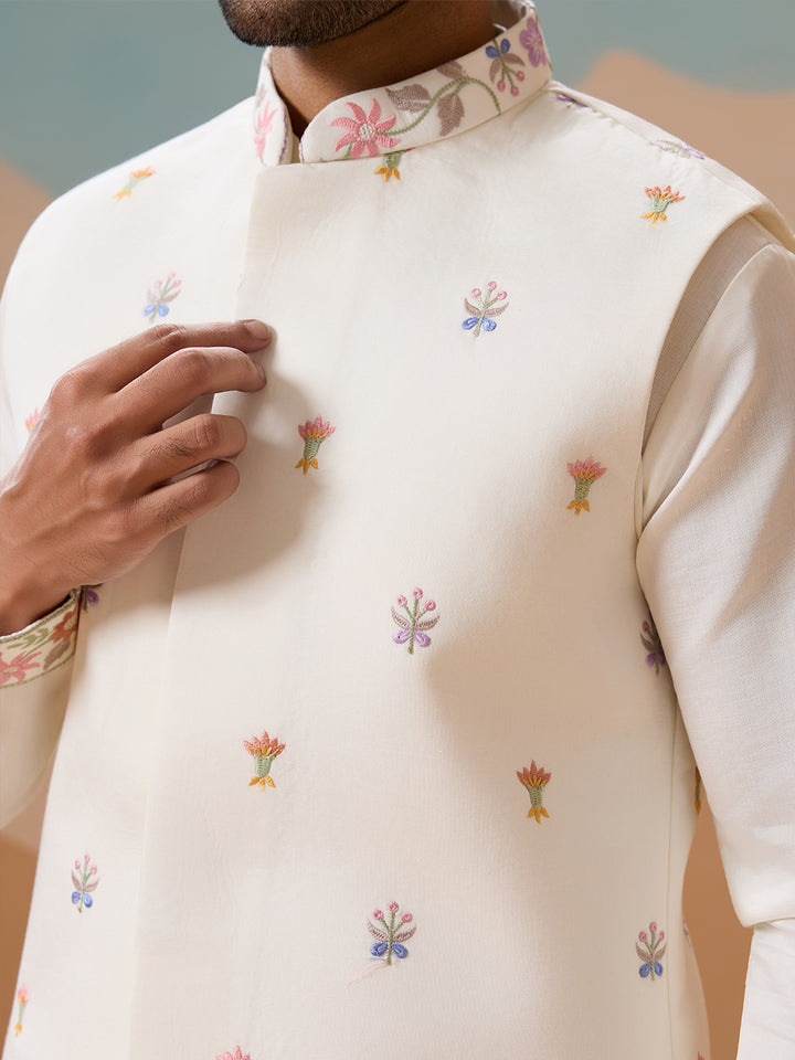 Men's White Kurta-Koti Set in Viscose Silk with Multi-Thread & Sequence Embroidery – Premium Ethnic Wear for Weddings & Festivals