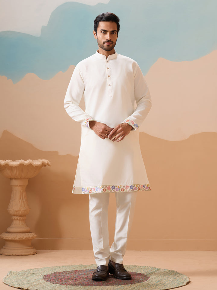 Men's White Kurta-Koti Set in Viscose Silk with Multi-Thread & Sequence Embroidery – Premium Ethnic Wear for Weddings & Festivals