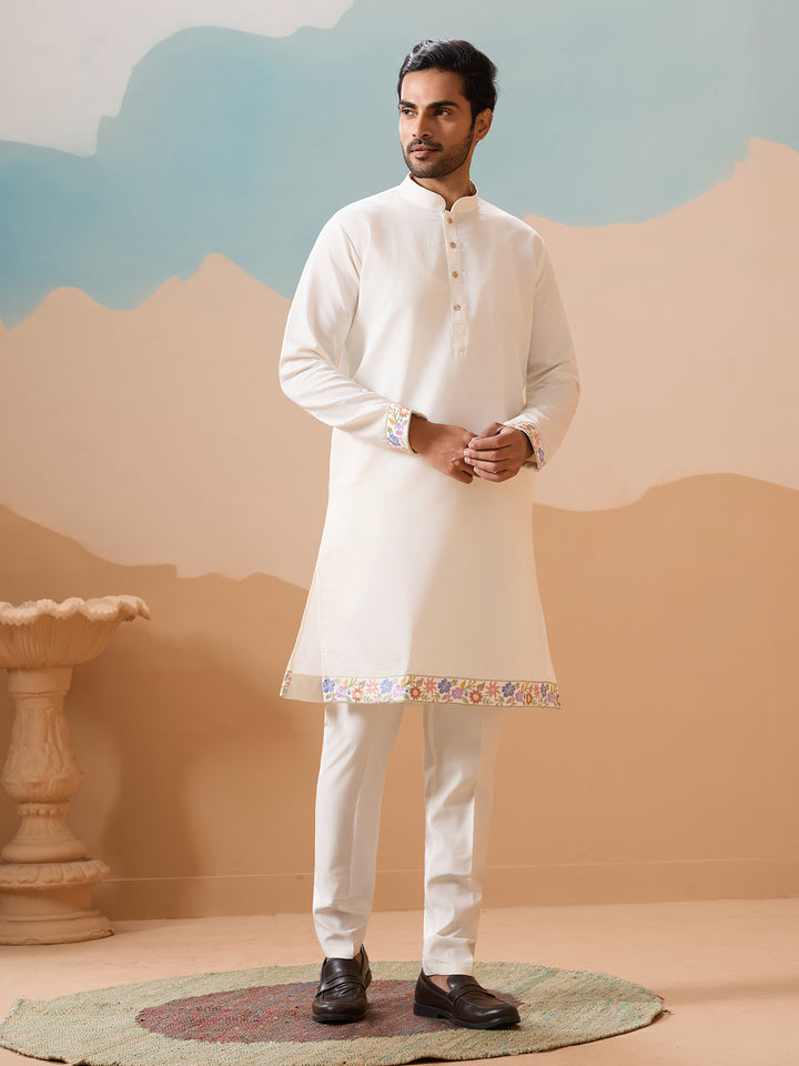 Men's White Kurta-Koti Set in Viscose Silk with Multi-Thread & Sequence Embroidery – Premium Ethnic Wear for Weddings & Festivals