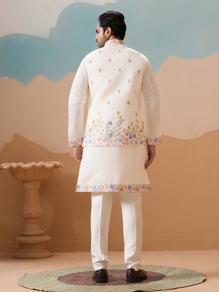Men's White Kurta-Koti Set in Viscose Silk with Multi-Thread & Sequence Embroidery – Premium Ethnic Wear for Weddings & Festivals