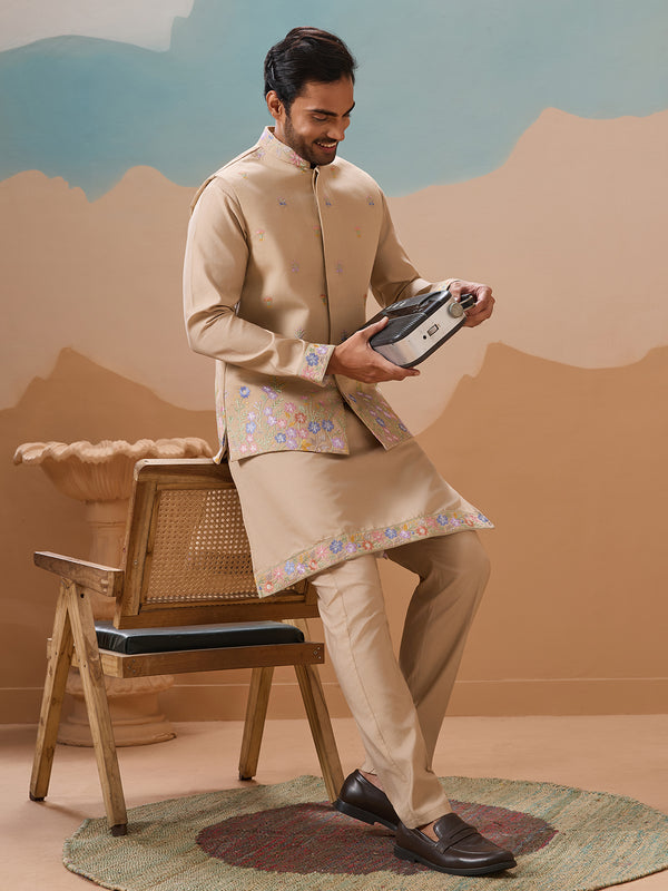 Men's Beige Kurta-Koti Set in Viscose Silk with Multi-Thread & Sequence Embroidery – Perfect Occasion Wear